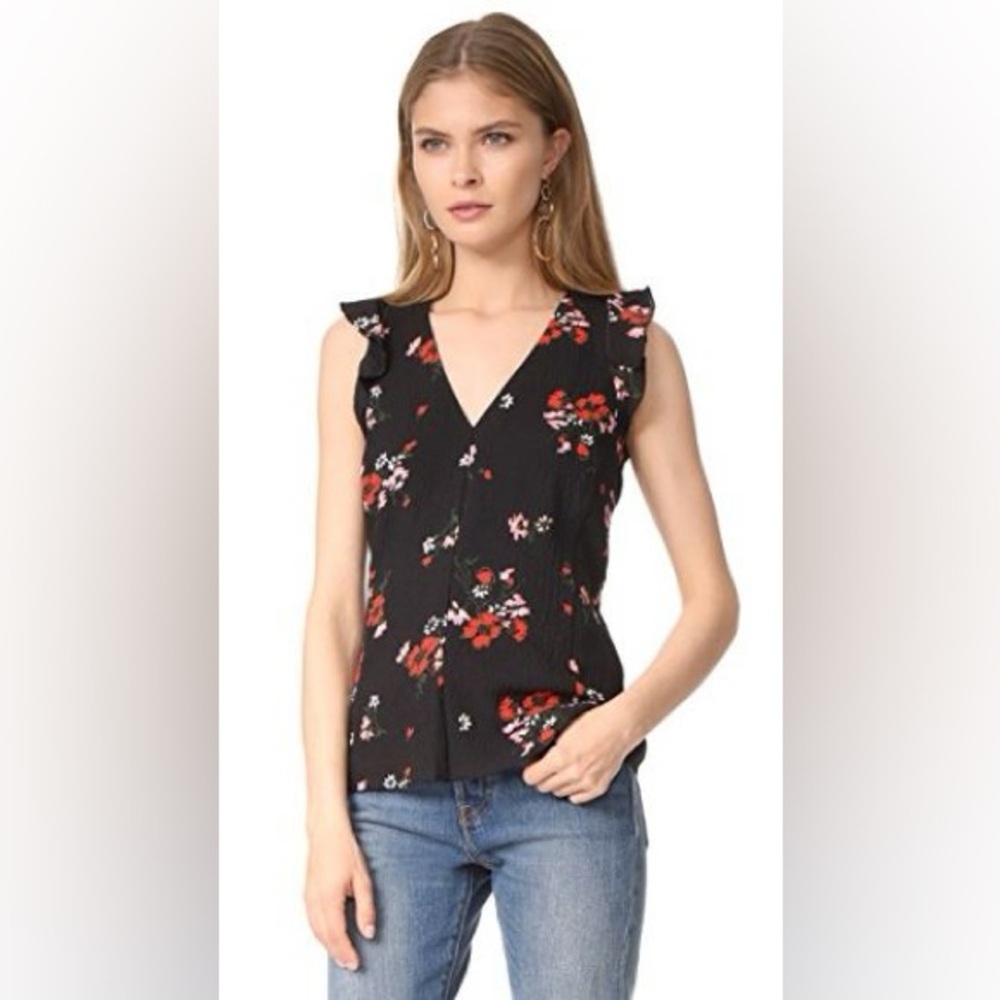Rebecca Taylor Marguerite Ruffle Sleeve Black Floral V-Nack Silk Top EUC Size 4